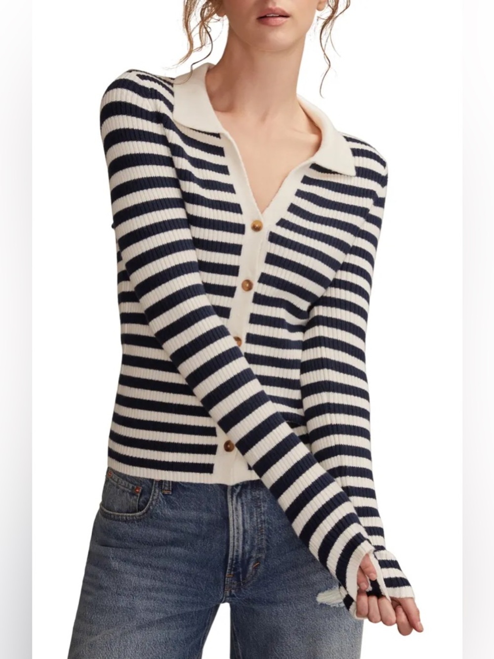 Lucy Brand Navy Stripe Johnny Collar Cardigan XS NWT
